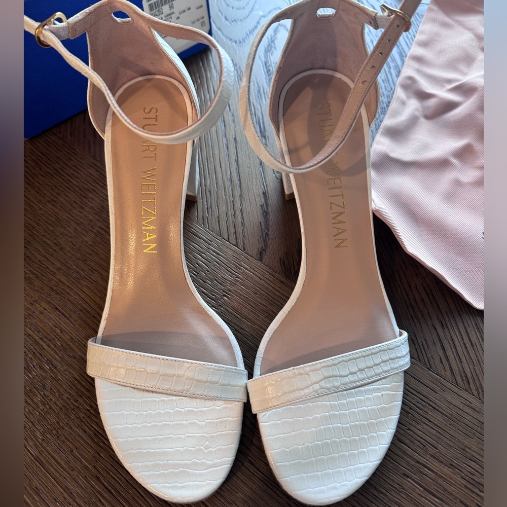 Stuart Weitzman White Croc-Embossed Block Heel Sandals